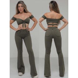 Mendoza Khaki off-shoulder sleeve dance top LaFitwear