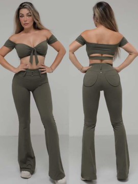 Mendoza Khaki off-shoulder sleeve dance top LaFitwear