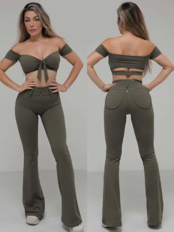 Mendoza Khaki off-shoulder sleeve dance top LaFitwear